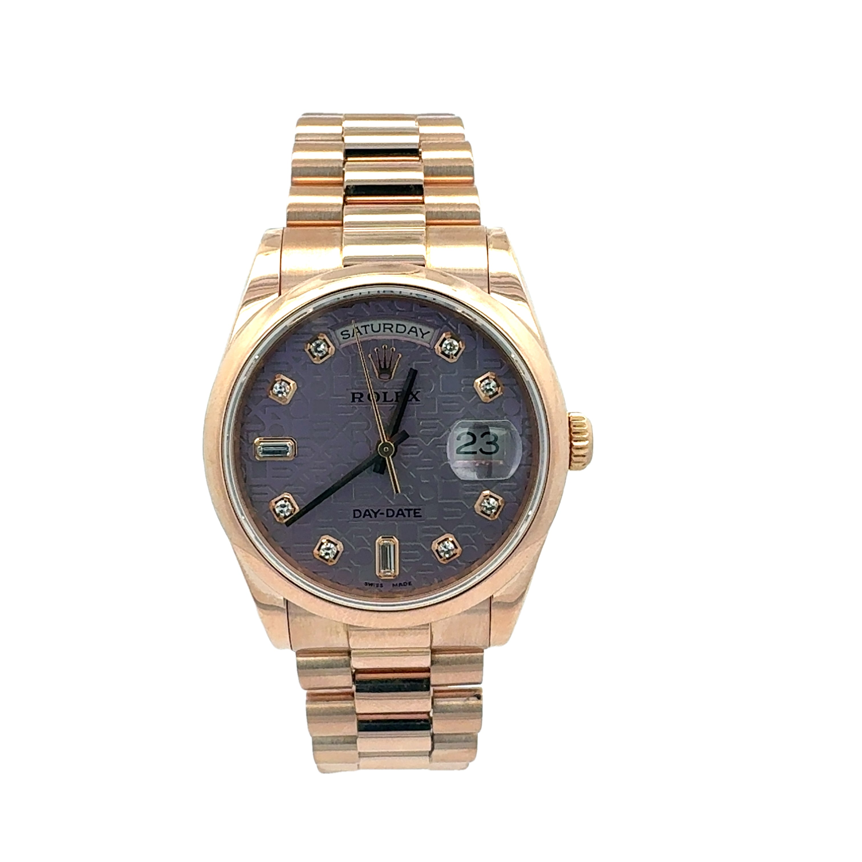 Rolex 18ct Pink Gold Day Date reference 118205 with Factory Lavender Jubilee Diamond Dial