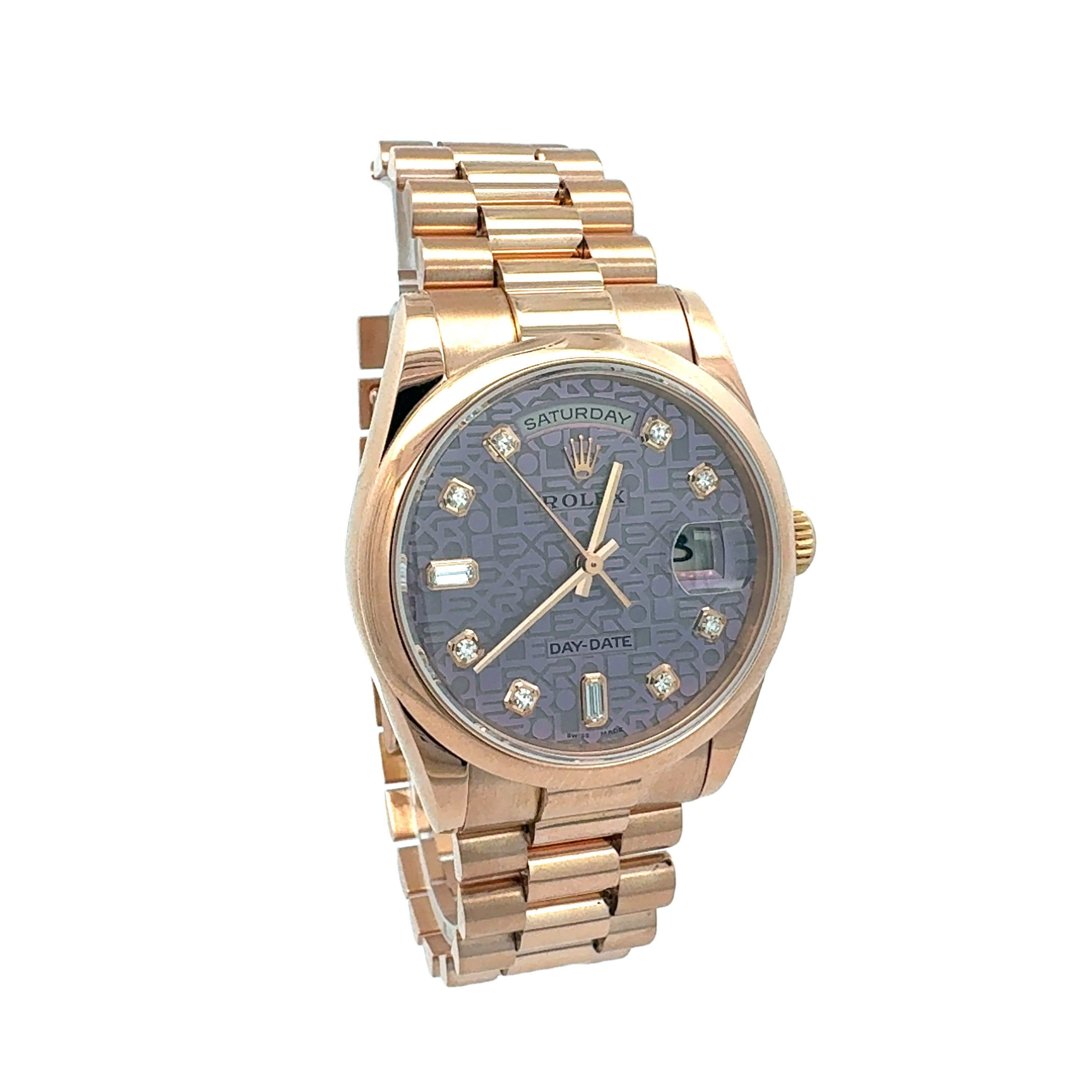 Rolex 18ct Pink Gold Day Date reference 118205 with Factory Lavender Jubilee Diamond Dial