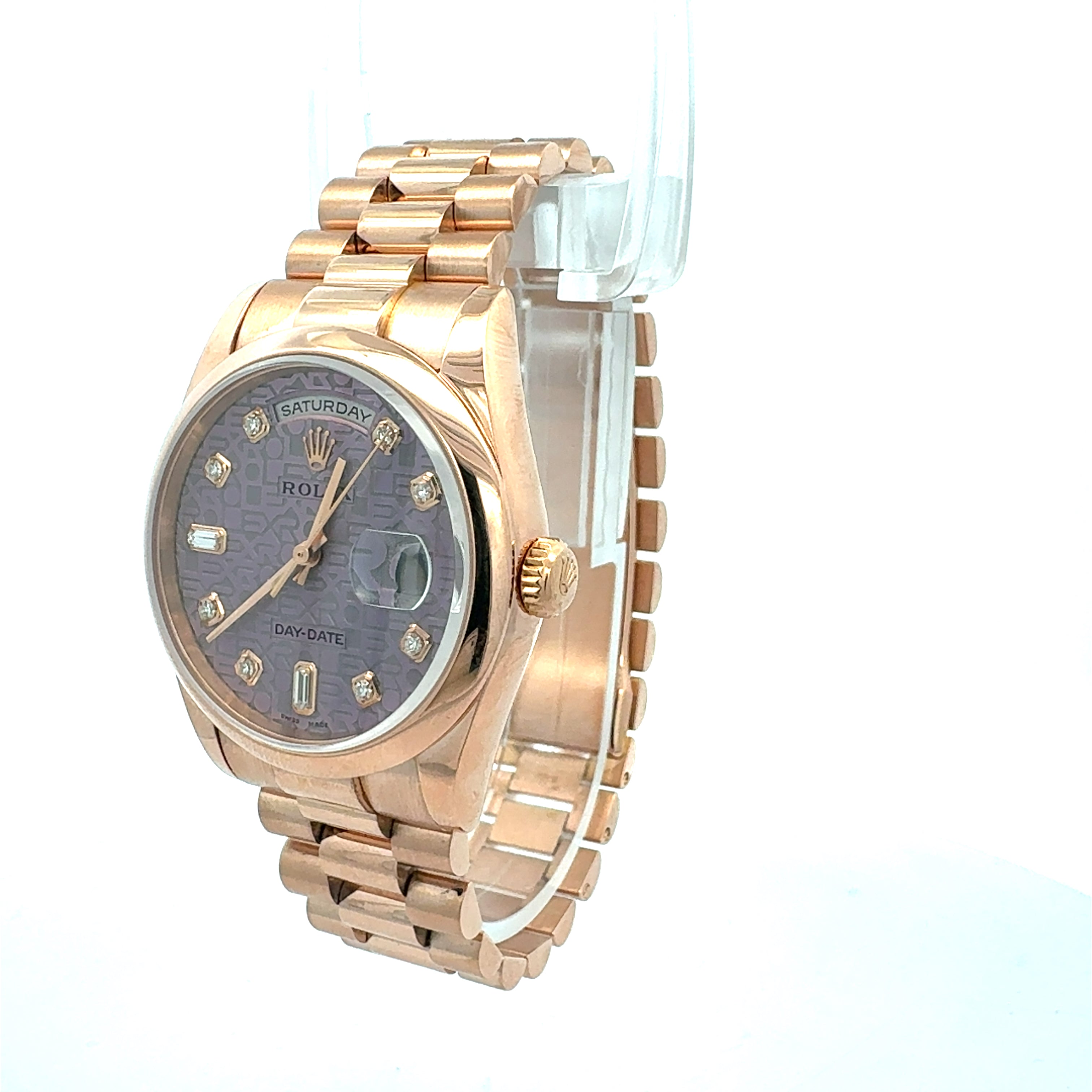 Rolex 18ct Pink Gold Day Date reference 118205 with Factory Lavender Jubilee Diamond Dial